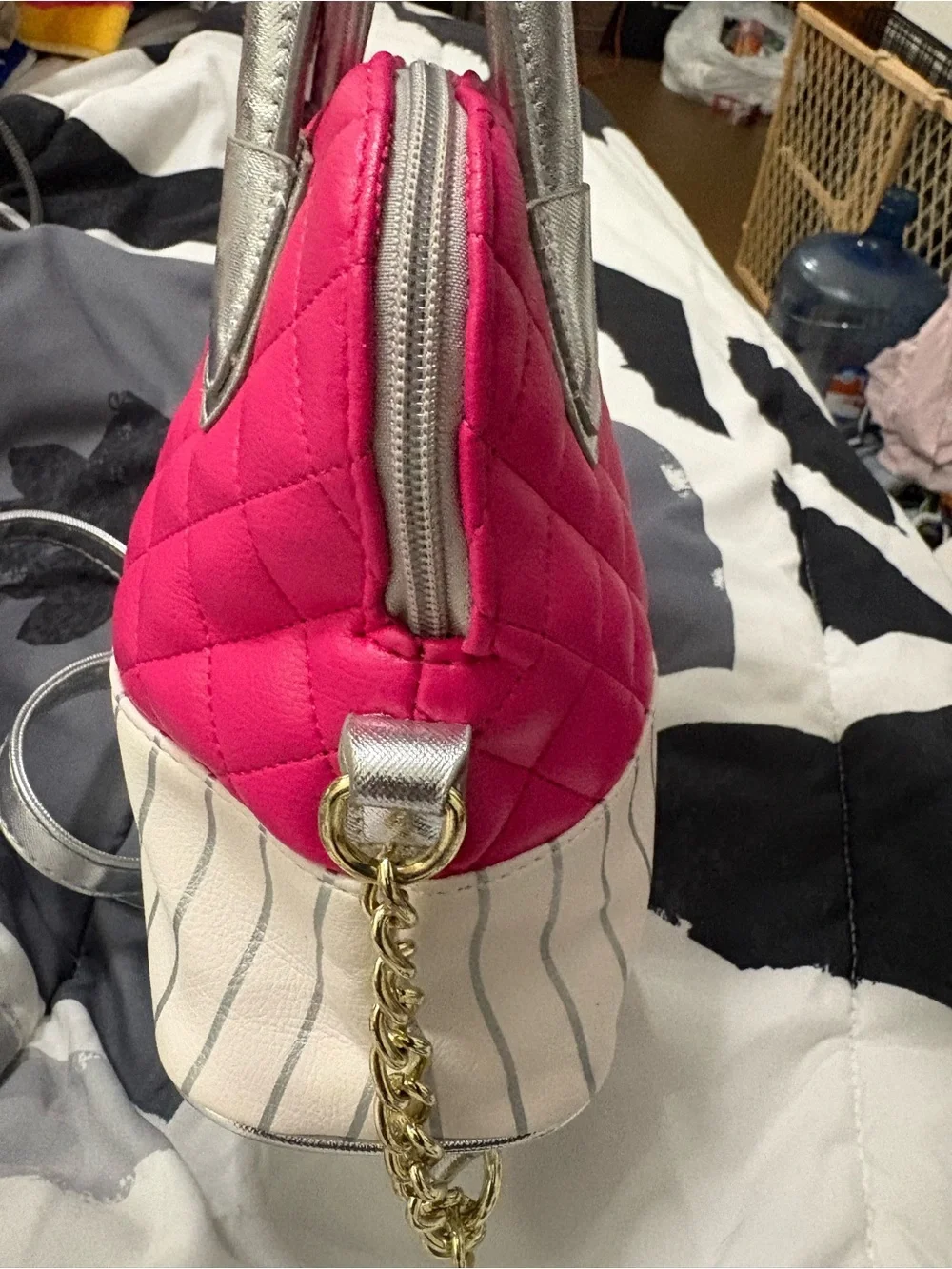 Betsey Johnson Hot Pink Quilted Satchel Cupcake Charm Silver Handless NWOT